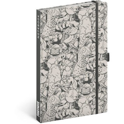Keménytáblás notesz krémszínű lapokkal, vonalas, leszorító gumiszalaggal Fortnite – Legends 130x210mm, Presco