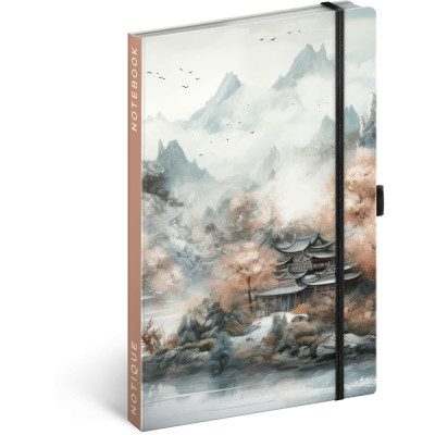 Keménytáblás notesz krémszínű lapokkal, vonalas, leszorító gumiszalaggal Japan 130x210mm, Presco