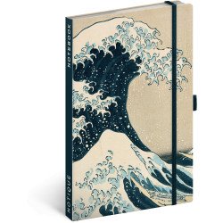 Keménytáblás notesz krémszínű lapokkal, vonalas, leszorító gumiszalaggal Katsushika Hokusai 130x210mm, Presco Író- irodaszer, papíráru Presco