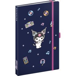 Keménytáblás notesz krémszínű lapokkal, vonalas, leszorító gumiszalaggal Kuromi 130x210mm, Presco Író- irodaszer, papíráru Presco