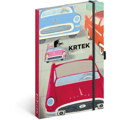 Keménytáblás notesz krémszínű lapokkal, vonalas, leszorító gumiszalaggal The Little Mole and the Car 130x210mm, Presco
