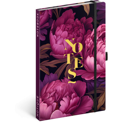 Keménytáblás notesz krémszínű lapokkal, vonalas, leszorító gumiszalaggal Purple Flowers 130x210mm, Presco