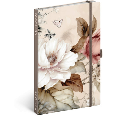 Keménytáblás notesz krémszínű lapokkal, vonalas, leszorító gumiszalaggal Powder Flower 130x210mm, Presco