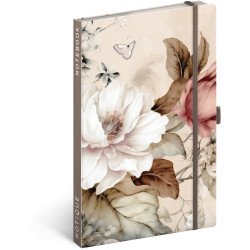 Keménytáblás notesz krémszínű lapokkal, vonalas, leszorító gumiszalaggal Powder Flower 130x210mm, Presco Író- irodaszer, papíráru Presco