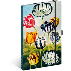 Keménytáblás notesz krémszínű lapokkal, vonalas, leszorító gumiszalaggal Tulips 130x210mm, Presco Író- irodaszer, papíráru Presco