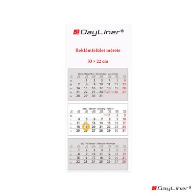 Speditőr naptár 3 tömb, 3 hónap SP-30 330 × 760 mm, fehér lapokkal Fejrész üres Dayliner 2027.