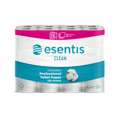 Toalettpapír 3 rétegű kistekercses 100% cellulóz 120 lap/tekercs 14m/tekercs 24 tekercs/csomag Esentis Clean