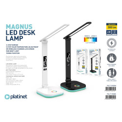 Asztali LED lámpa, RGB, állítható, vezeték nélküli töltővel, órával Platinet fekete