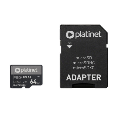 Memóriakártya 64 Gb micro SDHC + SD adapter Class10, U3,A1  90MB/s Platinet