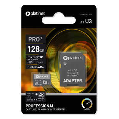 Memóriakártya 128 Gb micro SDHC + SD adapter UHS, U3 Platinet